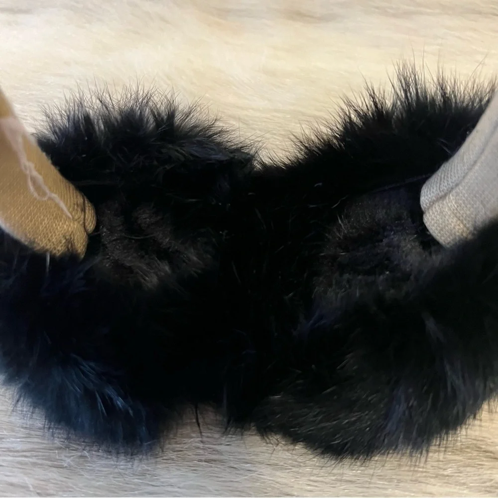 MICHAEL KORS (not outlet!) Black Fur Earmuffs Logo Tan Lettering on Headband